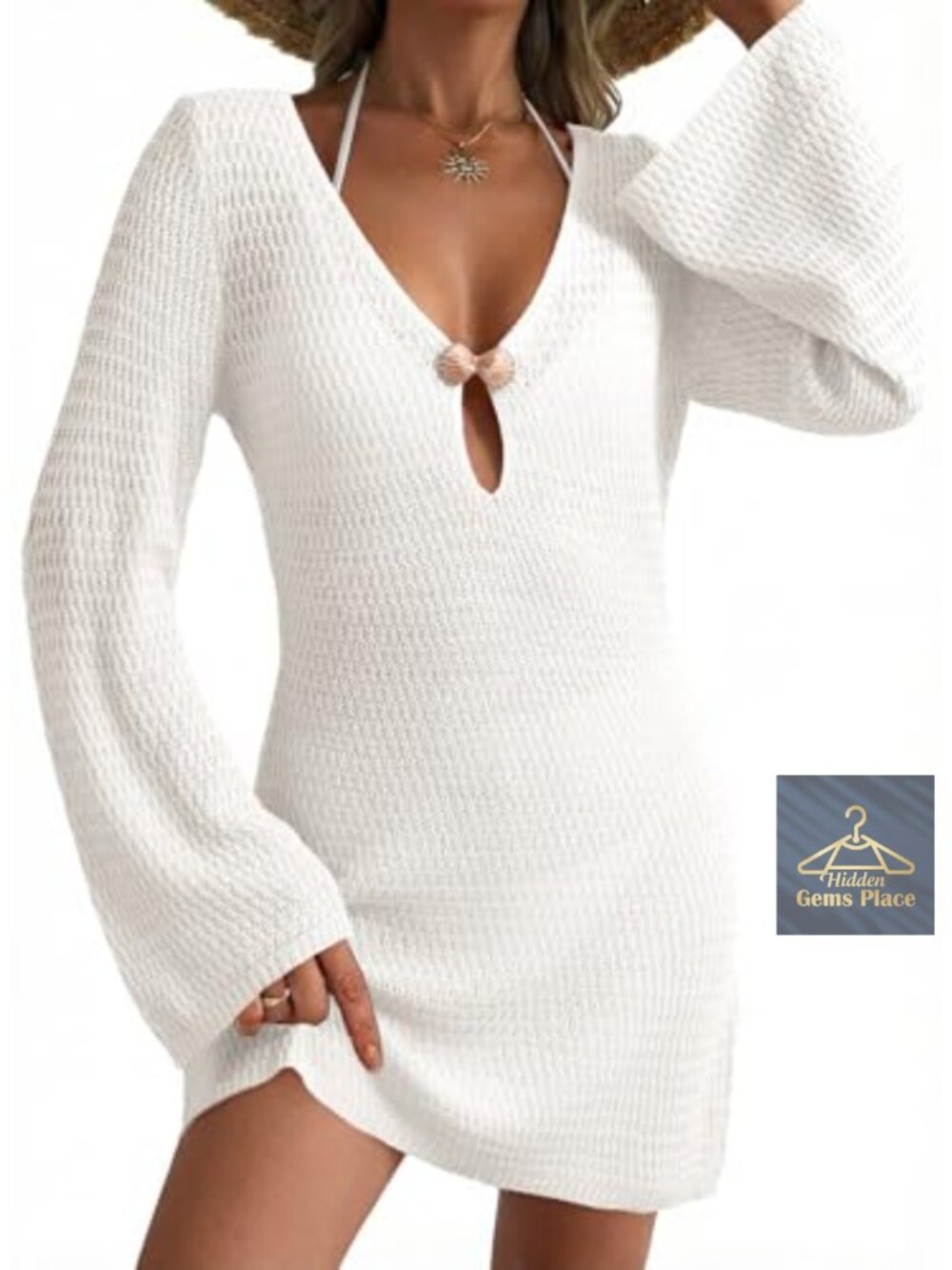 Deep V Neck Bell Sleeve Crochet Knit Beach Cover Up Dress